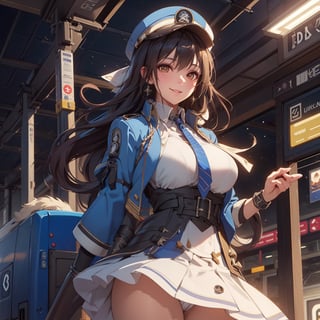 A mature waist long loose drak brown Hair style Girl with heavy machine gun , lovely smile, blue cap, Blue jacket shirt, blue necktie, white shirt, white skirt, white panty, Heavy Gun, Railway, Train Station, ((Best quality)), ((masterpiece)), 3D, HDR (High Dynamic Range),Ray Tracing, NVIDIA RTX, Super-Resolution, Unreal 5,Subsurface scattering, PBR Texturing, Post-processing, Anisotropic Filtering, Depth-of-field, Maximum clarity and sharpness, Multi-layered textures, Albedo and Specular maps, Surface shading, Accurate simulation of light-material interaction, Perfect proportions, Octane Render, Two-tone lighting, Wide aperture, Low ISO, White balance, Rule of thirds,8K RAW, Aura, masterpiece, best quality, Mysterious expression, magical effects like sparkles or energy, flowing robes or enchanting attire, mechanic creatures or mystical background, rim lighting, side lighting, cinematic light, ultra high res, 8k uhd, film grain, best shadow, delicate, RAW, light particles, detailed skin texture, detailed cloth texture, beautiful face, (masterpiece), best quality, expressive eyes, perfect face,Mechanical_tentacles,momo_burlesque,diesel \(nikke\)