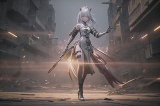 an alone mature girl, long red slice gray hair style, yellow eye, standing, china city, night time, high detail mature face, headgear,bare shoulder, china dress, white glove, black boot, black stocking, high res, ultra sharp, 8k, masterpiece, smiling, gun, fantasy world, magical radiance background ((Best quality)), ((masterpiece)), 3D, HDR (High Dynamic Range),Ray Tracing, NVIDIA RTX, Super-Resolution, Unreal 5,Subsurface scattering, PBR Texturing, Post-processing, Anisotropic Filtering, Depth-of-field, Maximum clarity and sharpness, Multi-layered textures, Albedo and Specular maps, Surface shading, Accurate simulation of light-material interaction, Perfect proportions, Octane Render, Two-tone lighting, Wide aperture, Low ISO, White balance, Rule of thirds,8K RAW, Aura, masterpiece, best quality, Mysterious expression, magical effects like sparkles or energy, flowing robes or enchanting attire, mechanic creatures or mystical background, rim lighting, side lighting, cinematic light, ultra high res, 8k uhd, film grain, best shadow, delicate, RAW, light particles, detailed skin texture, detailed cloth texture, beautiful face, (masterpiece), best quality, expressive eyes, perfect face,1 girl,alpha