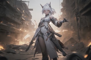 an alone mature girl, long red slice gray hair style, yellow eye, standing, china city, night time, high detail mature face, headgear,bare shoulder, china dress, white glove, black boot, black stocking, high res, ultra sharp, 8k, masterpiece, smiling, gun, fantasy world, magical radiance background ((Best quality)), ((masterpiece)), 3D, HDR (High Dynamic Range),Ray Tracing, NVIDIA RTX, Super-Resolution, Unreal 5,Subsurface scattering, PBR Texturing, Post-processing, Anisotropic Filtering, Depth-of-field, Maximum clarity and sharpness, Multi-layered textures, Albedo and Specular maps, Surface shading, Accurate simulation of light-material interaction, Perfect proportions, Octane Render, Two-tone lighting, Wide aperture, Low ISO, White balance, Rule of thirds,8K RAW, Aura, masterpiece, best quality, Mysterious expression, magical effects like sparkles or energy, flowing robes or enchanting attire, mechanic creatures or mystical background, rim lighting, side lighting, cinematic light, ultra high res, 8k uhd, film grain, best shadow, delicate, RAW, light particles, detailed skin texture, detailed cloth texture, beautiful face, (masterpiece), best quality, expressive eyes, perfect face,1 girl,alpha