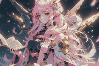 anime girl with pink hair holding a book in her hands, light pink bob hair style with twintail and red eyes, wear a blue cloak and full black uniform underneath,mecha,c.c.,phRem,1 girl