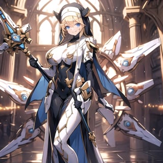 1 girl, Nun hat, long bread blond hair, blue eyes, smile, white ligerie, black armor gloves, white panty, church room, outside, white armor boot, standing, casting a spell, using a staff, 8k, high res, , 2 hands, bare leg, bare, nun garb, chest, big chest, big breast, 