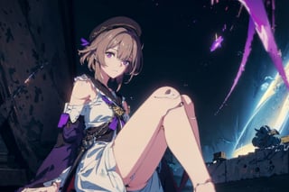 A Short Girl , Look at the sky, Angry Smile , Waist Long Light Brown Hair, Purple Eyes, Angry Expression, Black Sailor Cap, Doll Joint, Black Cape, White Dress ,Sitting on the ground, Say No Sign, Reject Hand , Stop Hand  ,Sexy Split Leg Pose, Leg Visible, Lab Room, ((Best quality)), ((masterpiece)), 3D, HDR (High Dynamic Range),Ray Tracing, NVIDIA RTX, Super-Resolution, Unreal 5,Subsurface scattering, PBR Texturing, Post-processing, Anisotropic Filtering, Depth-of-field, Maximum clarity and sharpness, Multi-layered textures, Albedo and Specular maps, Surface shading, Accurate simulation of light-material interaction, Perfect proportions, Octane Render, Two-tone lighting, Wide aperture, Low ISO, White balance, Rule of thirds,8K RAW, Aura, masterpiece, best quality, Mysterious expression, magical effects like sparkles or energy, flowing robes or enchanting attire, mechanic creatures or mystical background, rim lighting, side lighting, cinematic light, ultra high res, 8k uhd, film grain, best shadow, delicate, RAW, light particles, detailed skin texture, detailed cloth texture, beautiful face, (masterpiece), best quality, expressive eyes, perfect face,nikkeredhood,hair over one eye,marian,Scarlet (nikke),hellsparadise style,fuyumi,ludmilla,yellow eyes,villetta_nu,black nightgown,bat ornament,halloweentech ,outfit-iris,aaherta