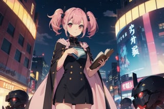 anime girl with pink hair holding a book in her hands, light pink bob hair style with twintail and red eyes, wear a blue cloak and full black uniform underneath,mecha,c.c.,phRem,1 girl