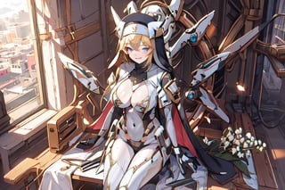 1 girl, Nun hat, long bread blond hair, blue eyes, smile, white ligerie, black armor gloves, white panty, church room, outside, white armor boot, lie down on table, 8k, high res, , 2 hands, bare leg, bare, nun garb, chest, big chest, big breast, 