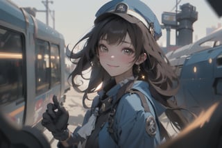 A mature waist long loose drak brown Hair style Girl with heavy machine gun , lovely smile, blue cap, Blue jacket shirt, blue necktie, white shirt, white skirt, white panty, Heavy Gun, Railway, Train Station, ((Best quality)), ((masterpiece)), 3D, HDR (High Dynamic Range),Ray Tracing, NVIDIA RTX, Super-Resolution, Unreal 5,Subsurface scattering, PBR Texturing, Post-processing, Anisotropic Filtering, Depth-of-field, Maximum clarity and sharpness, Multi-layered textures, Albedo and Specular maps, Surface shading, Accurate simulation of light-material interaction, Perfect proportions, Octane Render, Two-tone lighting, Wide aperture, Low ISO, White balance, Rule of thirds,8K RAW, Aura, masterpiece, best quality, Mysterious expression, magical effects like sparkles or energy, flowing robes or enchanting attire, mechanic creatures or mystical background, rim lighting, side lighting, cinematic light, ultra high res, 8k uhd, film grain, best shadow, delicate, RAW, light particles, detailed skin texture, detailed cloth texture, beautiful face, (masterpiece), best quality, expressive eyes, perfect face,Mechanical_tentacles,momo_burlesque,diesel \(nikke\)