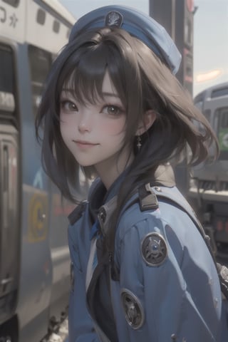 A mature long loose drak brown Hair style Girl , lovely smile, blue cap, Blue jacket shirt, blue necktie, white shirt, white skirt, Railway, Train Station, ((Best quality)), ((masterpiece)), 3D, HDR (High Dynamic Range),Ray Tracing, NVIDIA RTX, Super-Resolution, Unreal 5,Subsurface scattering, PBR Texturing, Post-processing, Anisotropic Filtering, Depth-of-field, Maximum clarity and sharpness, Multi-layered textures, Albedo and Specular maps, Surface shading, Accurate simulation of light-material interaction, Perfect proportions, Octane Render, Two-tone lighting, Wide aperture, Low ISO, White balance, Rule of thirds,8K RAW, Aura, masterpiece, best quality, Mysterious expression, magical effects like sparkles or energy, flowing robes or enchanting attire, mechanic creatures or mystical background, rim lighting, side lighting, cinematic light, ultra high res, 8k uhd, film grain, best shadow, delicate, RAW, light particles, detailed skin texture, detailed cloth texture, beautiful face, (masterpiece), best quality, expressive eyes, perfect face,Mechanical_tentacles,momo_burlesque,diesel \(nikke\)