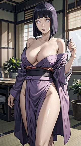 masterpiece, best quality, 1girl, large breasts, indoor, loose kimono ,hinata(boruto), loose solder 