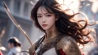 background is ancient war,an archer,1 girl,beautiful korean girl, holding a battle bow, arrow,ready to shoot, hair_past_waist(curly hair, dark hair),
Best Quality, photorealistic, ultra-detailed, finely detailed, high resolution, perfect dynamic composition, sharp-focus, 