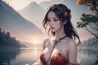 (Masterpiece, Top Quality, Best Quality, Official Art, Beauty and Aesthetics: 1.2), (1 Girl Crying by the Lake), Extremely Detailed, (Abstract, Fractal Art: 1.3), Supreme Detailed, Detailed Eyes, Light particles, red Hanfu wrap, tulle, jewelry, sexy, (NSFW),