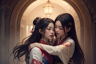(Masterpiece, top quality, best quality, official art, beauty and aesthetics: 1.2), (2 oriental girls wearing collared Hanfu), 2 people hugging each other and crying, extremely detailed, (fractal art: 1.3), colorful, Highest detail, cinematic lighting, 8K quality