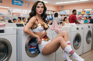 Photo of Wonder Woman, wearing white bras and  underwear and socks, sitting on top of a washing machine at Laundromat.  The background have people talking and tending to their laundry.