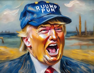 v0ng44g, p0rtr14t, soft blurry oil painting portriat of a close up shot of a (((Donald Trump by van Gogh))), laughing with mouth open, wearing MAGA baseball cap, heavy brush strokes, by van Gogh