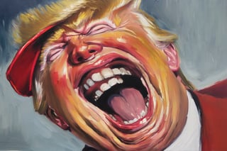 Oil Painting. Close up of Donald Trump laughing with his mouth open, wearing MAGA hat. v0ng44g p0rtr14t