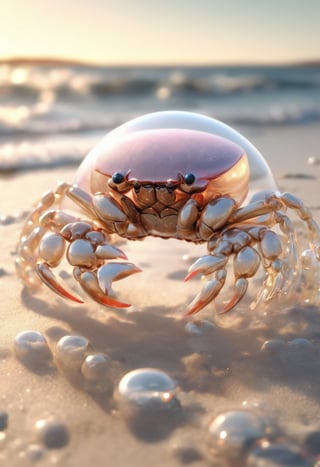 photorealistic fully transparent unusual crab completely made of soap bubbles, highly detailed, on the beach in front of the ocean, perfectly renderedLora: Aether_Bubbles_And_Foam_v1_SDXL_LoRA", "weight": 0.62