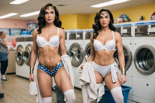 Photo of Wonder Woman, wearing white bras and  underwear and socks, waiting for her laundry to be done at a Laundromat.  The background have people talking and tending to their laundry.
