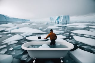Photo of a man paddling a porcelain bathtub through Arctic ice. BREAK Picture of a person paddling a bathtub across icy Arctic waters. BREAK Image of a man rowing a bathtub amidst Arctic ice floes. BREAK Snapshot of someone steering a bathtub through frozen Arctic terrain. BREAK Photograph of a man maneuvering a bathtub over ice in the Arctic.