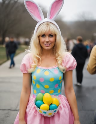 Photo of a blonde woman in an Easter Egg Costume.