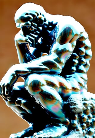 Made out of soap bubble, bath foam, The Thinker, Le Penseur,  by Auguste Rodin, colored bubbles