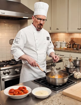 Walter White dressed as a chef cooking dinner in the kitchen