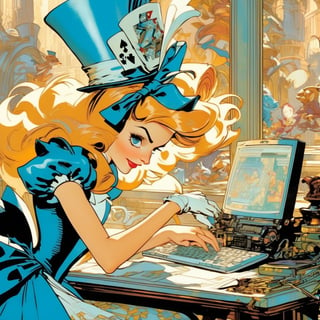 Disney Alice in Wonderland, hacking on a computer. Large window, cyberpunk cityscape, art by J.C. Leyendecker 