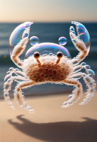 Photo of a transparent  crab made of soap bubbles, walking on beach, ocean waves in the background, highly detailed, 
