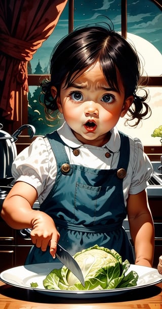 A baby girl 4 years old,  Fierce,  vintage,  2d,  pin-up,  ink,  watercolor,  mail art,  best quality,  kitchen room,  fierce cooking,  close up mad young Fierce housewife with big knife furiously attacks a head of cabbage . detailed extremely furious face expression,  dynamic pose,  kitchen,  table,  window,  moonlight,  Norman Rockwell,  Craola,  Dan Mumford,  Andy Kehoe,  Miyazaki,  flat,  cute,  adorable,  storybook detailed illustration,  ultra highly detailed,  tiny details,  beautiful details,  mystical,  luminism,  vibrant colors,  complex background