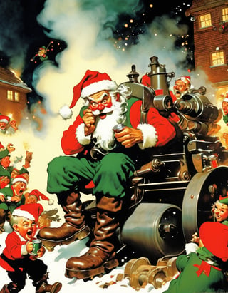 Angry Drunk Santa holding a coke can, driving a steamroller inside his toy factory, Elves fleeing in panic, art by Norman Rockwell.
