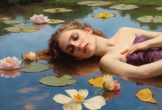 best quality,  extremely detailed,  HD,  8k, oil painting, girl, lying flat on water surface, ((the flower lake)), (sexy wet top and skirt made of water) , ((sexy and wet)), top view, closeup, face up, (holy:1.25), dreamwave, (aesthetic:1.25), abstract (sharp:1.1), close eyes, art by sargent, naked shoulder, semi nude,ink scenery,oil painting