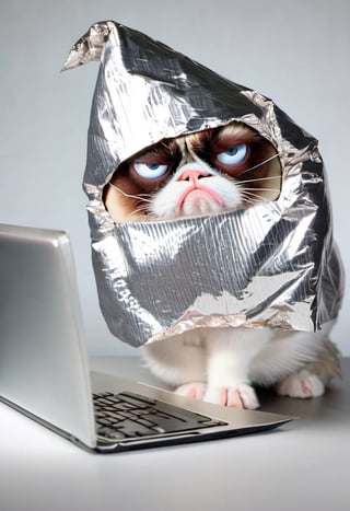 Photo of Grumpy Cat wearing a tin foil hat, looking at a laptop screen.