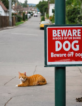 Candid Street photo of a cat hiding behind a sign that says "Beware of dog"