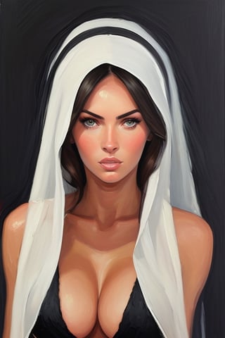 Oil painting, Megan Fox wearing black and white wimples veil of a Nun, wimples, art by Jeremy Mann, heavy brush strokes