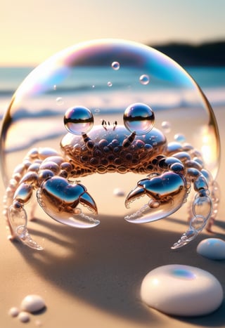 photorealistic fully transparent unusual crab completely made of soap bubbles, highly detailed, on the beach in front of the ocean, perfectly renderedLora: Aether_Bubbles_And_Foam_v1_SDXL_LoRA", "weight": 0.62