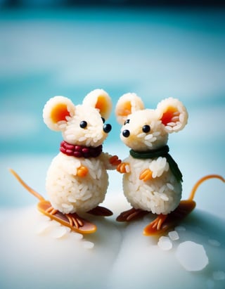 Vintage old photograph of two cute little mice made of rice, ice-skating on frozen pond in the winter. Canon 5d Mark 4, Kodak Ektar, ,styr