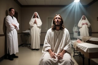 A dramatic scene of Jesus, wrapped in white linen, sitting up abruptly in a dimly lit mortuary. His eyes are wide with surprise as those around him, including clergy and medical personnel, stare in shock. There's an ethereal glow around Jesus and the room, adding to the sense of wonder and amazement. The atmosphere is tense, with a mixture of fear and awe radiating from the onlookers.