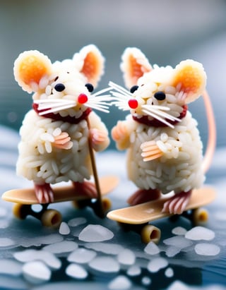 Vintage old photograph of two cute little mice made of rice,skating on frozen pond in the winter. Canon 5d Mark 4, Kodak Ektar,