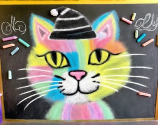 Ch4lk4rt, a very soft and fluffy blurry colorful chalk drawing of a (soft chalk cat face) wearing a hat, on a chalk board