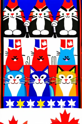 Poster of a group of cats in various colors and shapes, watching a firework display. Poster is titled "Cat nada Day". The cats are waving little Canadian flags