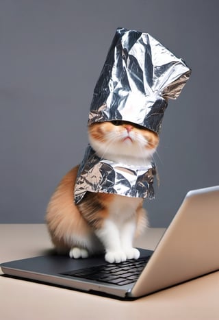 A cat wearing a tin foil hat, looking at a laptop screen.