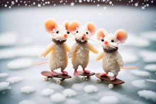 Vintage old photograph of two cute little mice made of rice,skating on frozen pond in the winter, snowflakes falling. Canon 5d Mark 4, Kodak Ektar,