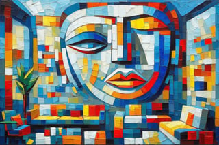 Abstract cubism impasto painting of a giant face sitting on a sofa in a living room, Impasto style. Art by Georgy Kurasov,painting