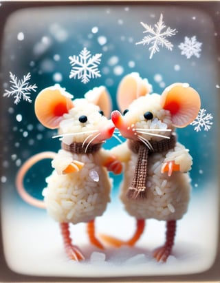 Vintage old photograph of two cute little mice made of rice, ice-skating on frozen pond in the winter, falling snowflakes in the background. Canon 5d Mark 4, Kodak Ektar,