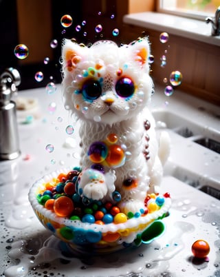 Made of bath foam and soap bubbles, photograph capturing a kitten, M&M out of a bowl, with sharp focus, vibrant colors, strong film grain, cinematic lighting,  dream, on the kitchen table near the sink, sunny