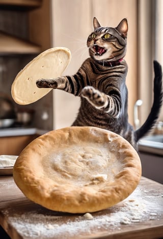 Photo of an Italian cat tossing a large disc shaped raw dough into the air