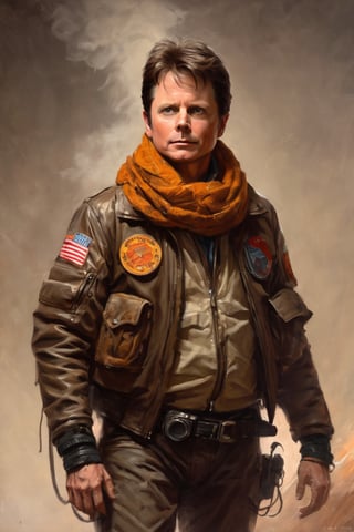 (portrait of Michael J Fox wearing old futuristic flight jacket, scars, scrap metal, radio, scarf, 1970s), in the style of Frank Frazetta, Arther Rackham, Dean Cornwell, pulp, volumetric lighting, dramatic lighting, pulp science fiction, black, smoke, belt, backpack, warm colors