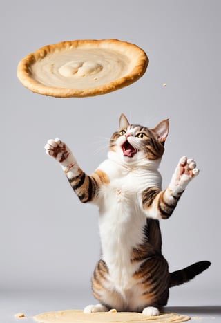 An Italian cat tossing a large disc shaped raw dough into the air