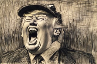 v0ng44g, sk3tch, a charcoal sketch of Donald Trump laughing with mouth open, wearing MAGA baseball cap, by van Gogh