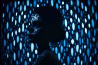 cinematic film still of   A silhouette photo of a mosaic princess looking at camera in a dark street at blue night with her face casting window curtain shadow style, shallow depth of field, vignette, highly detailed, high budget, bokeh, cinemascope, moody, epic, gorgeous, film grain, grainy