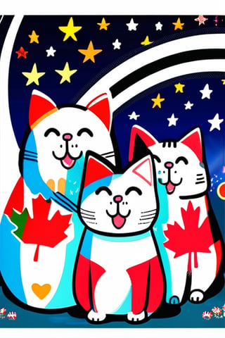 Poster with text "Cat nada Day" at the top. Flat Color Illustration featuring a diverse group of happy smiling cats. Each cat is uniquely shaped and colored, showcasing a happy and playful demeanor. They are gathered together, gazing in awe at a dazzling firework display. Each cat is waving a miniature Canadian flag, signifying their love for the country. The background is a vibrant night sky with stars and the Canadian flag waving proudly. 