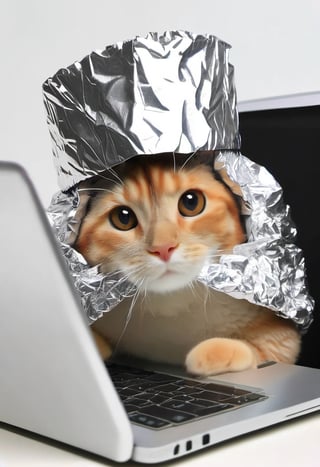 Photo of a cat wearing a tin foil hat, looking at a laptop screen.