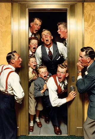 Interior of an elevator. A businessman, akimbo, joyfully & proudly farting on a crowded elevator as others wretch, grimace, and cover their noses, Norman Rockwell painting
